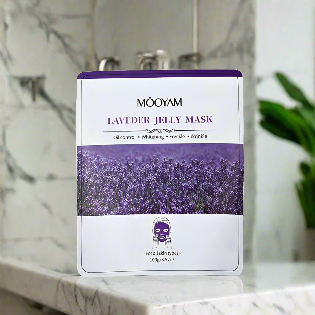 Mooyam Lavender Jelly Mask packaging with lavender design on a white background