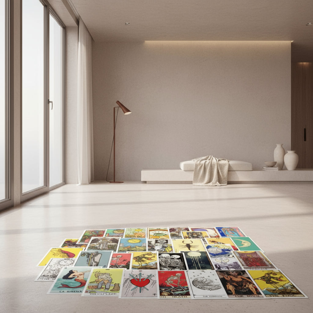 Collection of tarot cards with various designs and symbols on a white background