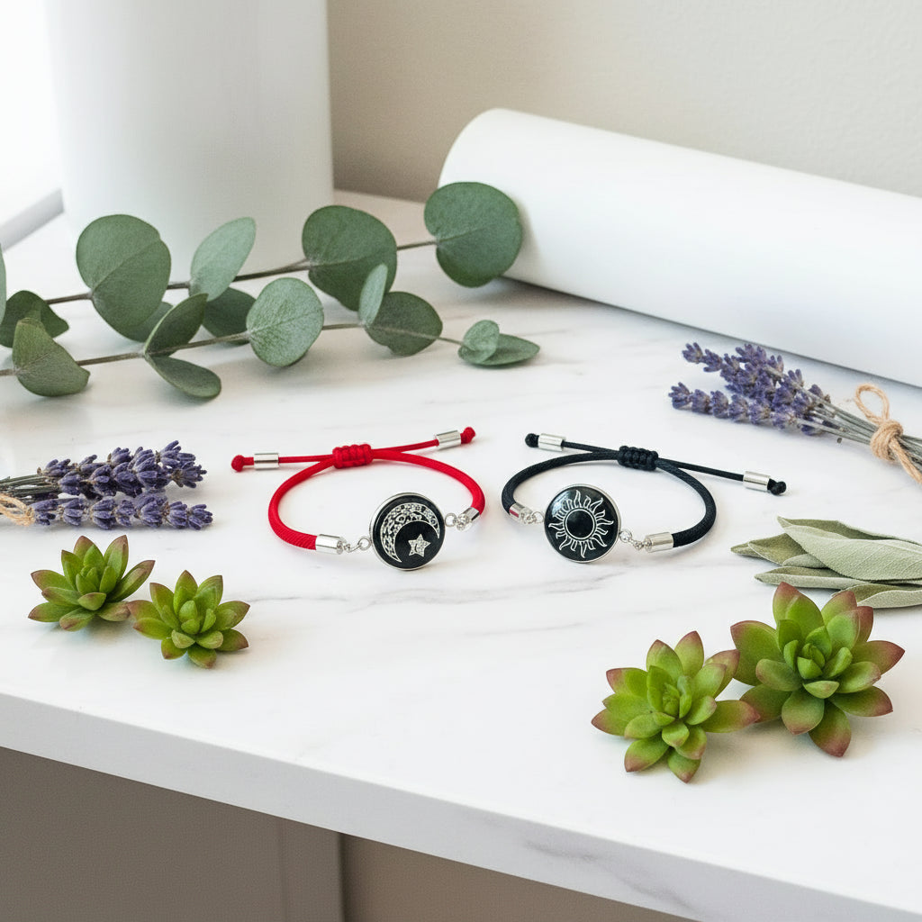 Pair of bracelets for couples with sun and moon designs on a white surface