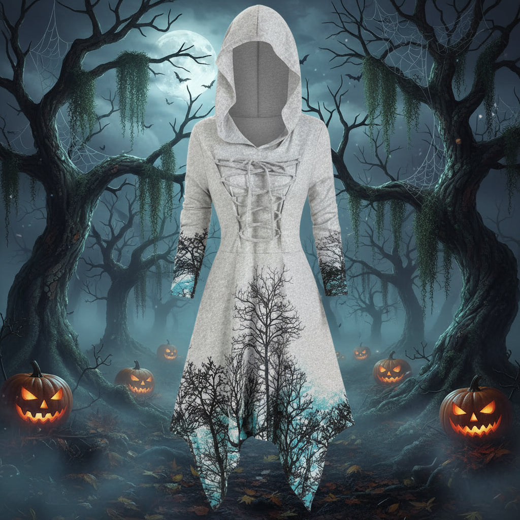 Hooded dress with tree design on a white background