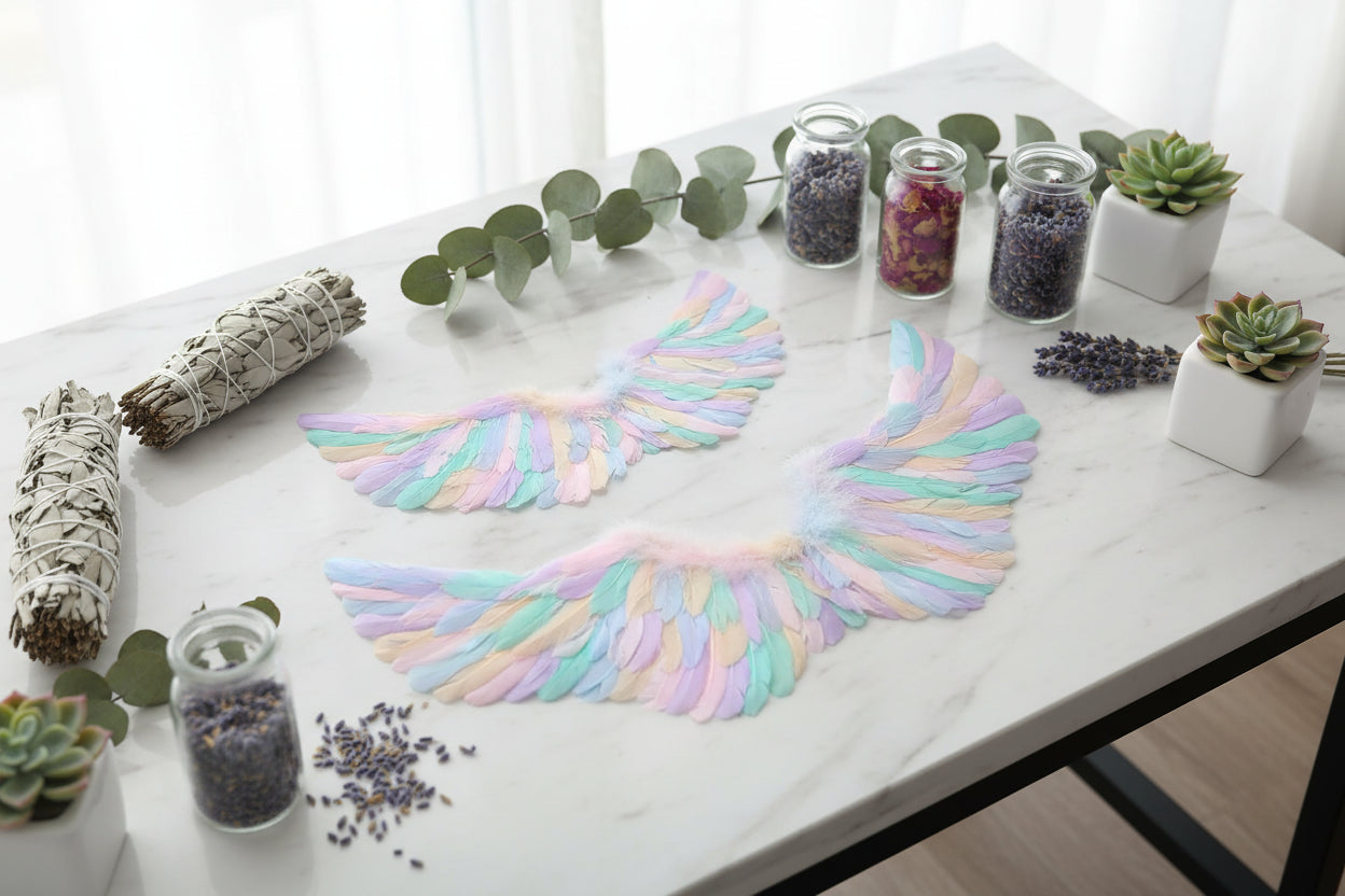 Pastel-colored feathered angel wings on a black background