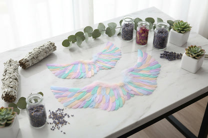 Pastel-colored feathered angel wings on a black background