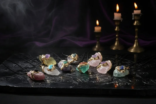 Gilded Crystal Necklace - Sorceress Sanctuary Strawberry Quartz-Lemon Crystal-Fluorite-Pink Crystal-Green Aventurine