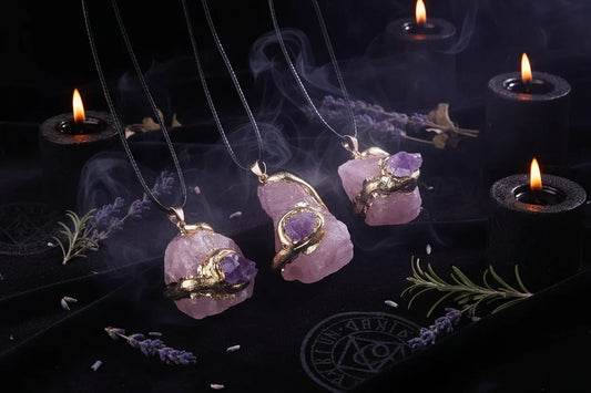 Gilded Crystal Necklace - Sorceress Sanctuary Strawberry Quartz-Lemon Crystal-Fluorite-Pink Crystal-Green Aventurine