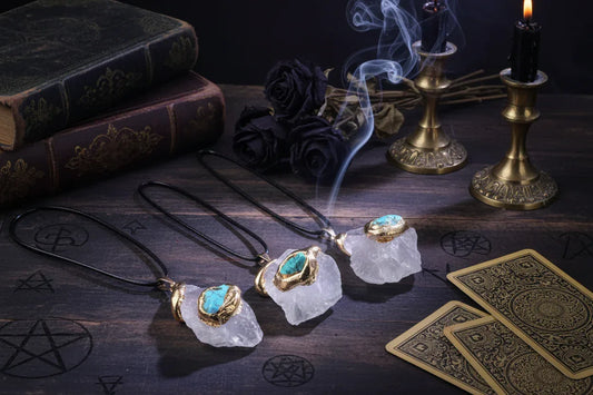 Gilded Crystal Necklace - Sorceress Sanctuary Strawberry Quartz-Lemon Crystal-Fluorite-Pink Crystal-Green Aventurine