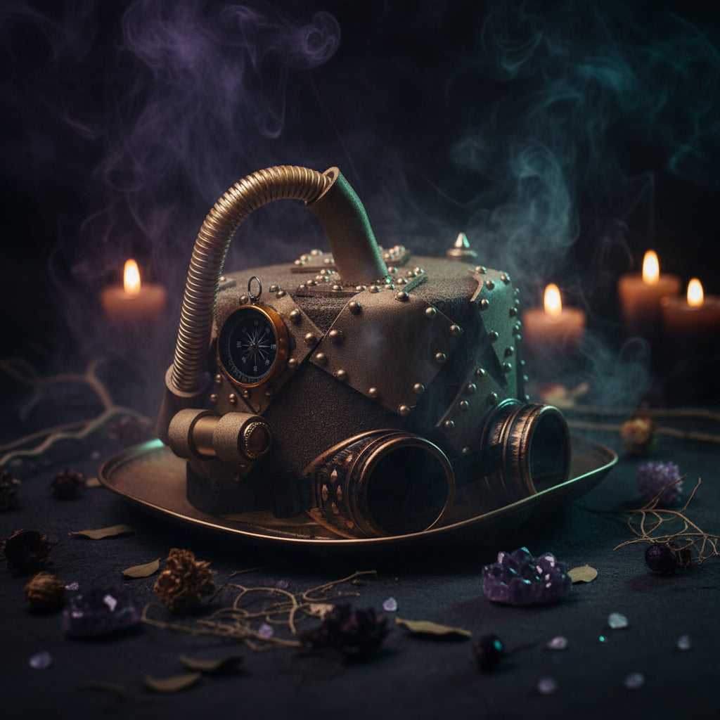 Steampunk-style hat with intricate details and a compass on a white background