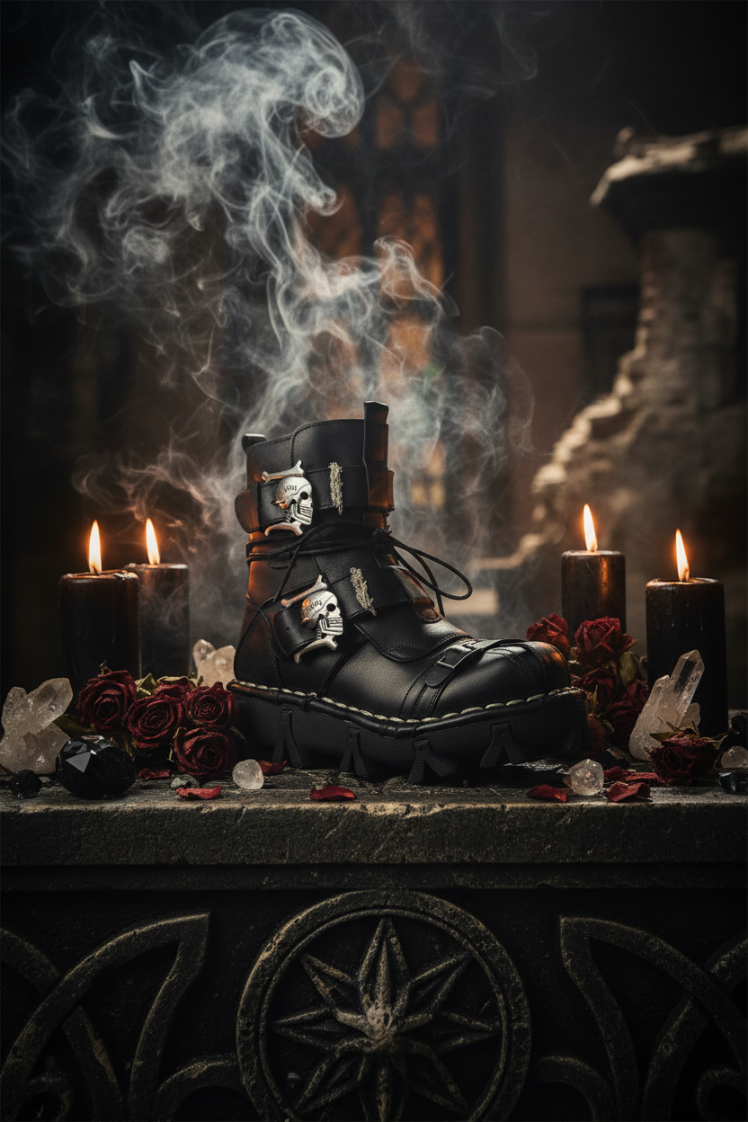 Black leather boot with skull designs on a white background