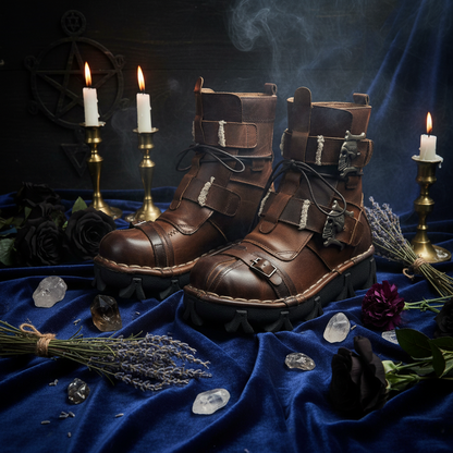 Pair of brown leather boots with decorative elements on a white background