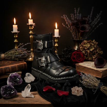Black leather boot with skull designs on a white background