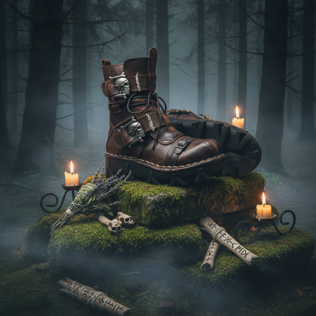 Brown leather boot with skull design and black leg guard on a white background