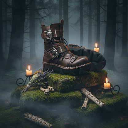 Brown leather boot with skull design and black leg guard on a white background
