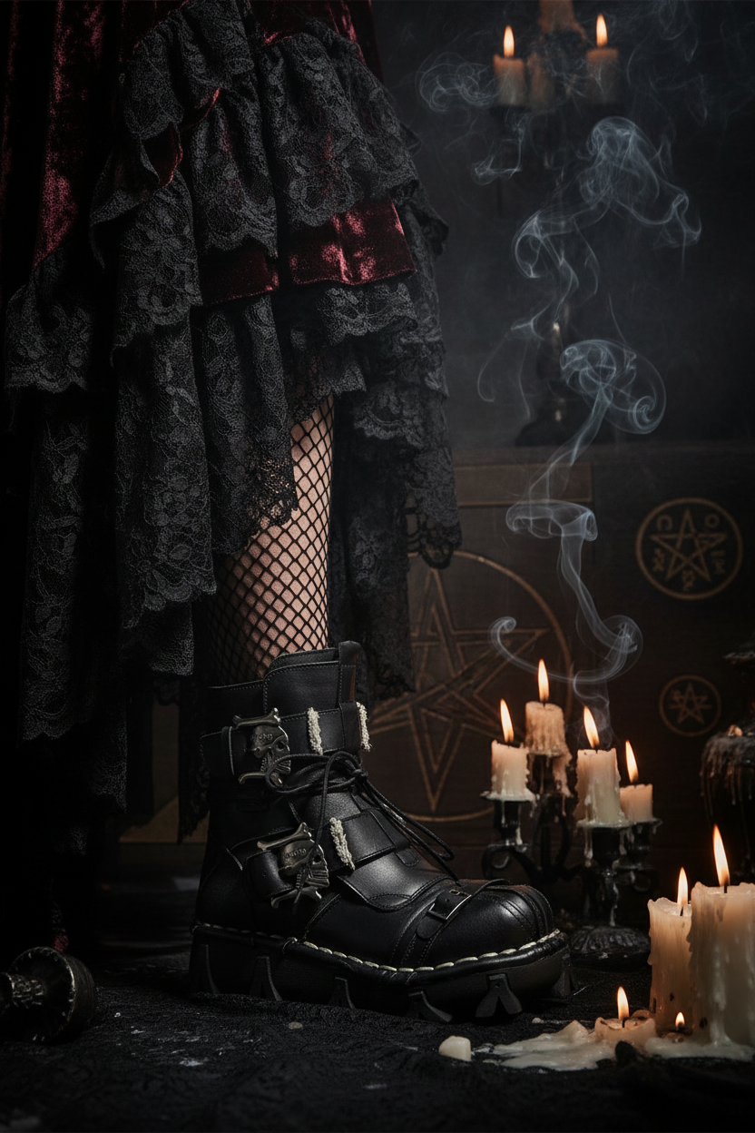 Black leather boot with skull designs on a white background