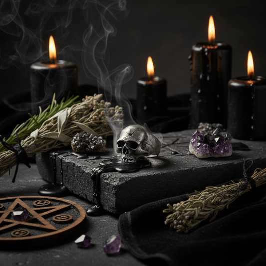 Skull-shaped ring with a knife blade on a dark background