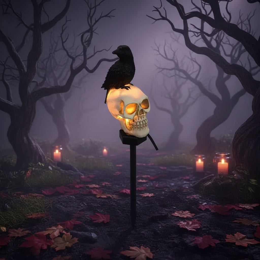 Witch’s Crow & Skull Solar Light - Sorceress Sanctuary Skull Crow - Looking Left-Skull Crow-Looking Ahead