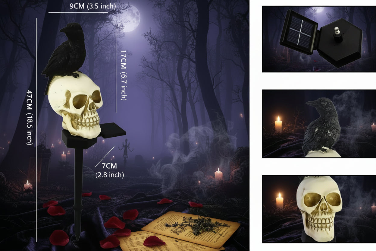 Witch’s Crow & Skull Solar Light - Sorceress Sanctuary Skull Crow - Looking Left-Skull Crow-Looking Ahead