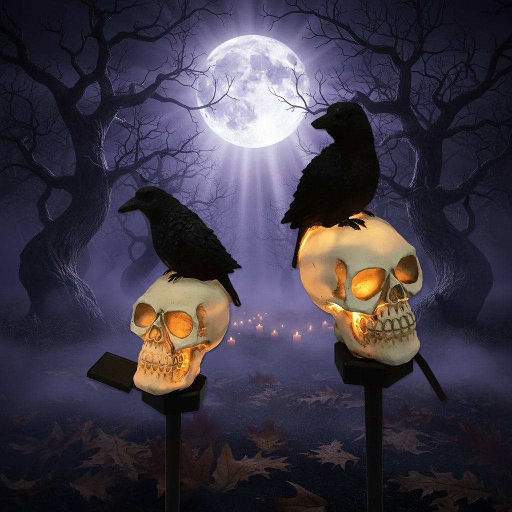 Witch’s Crow & Skull Solar Light - Sorceress Sanctuary Skull Crow - Looking Left-Skull Crow-Looking Ahead