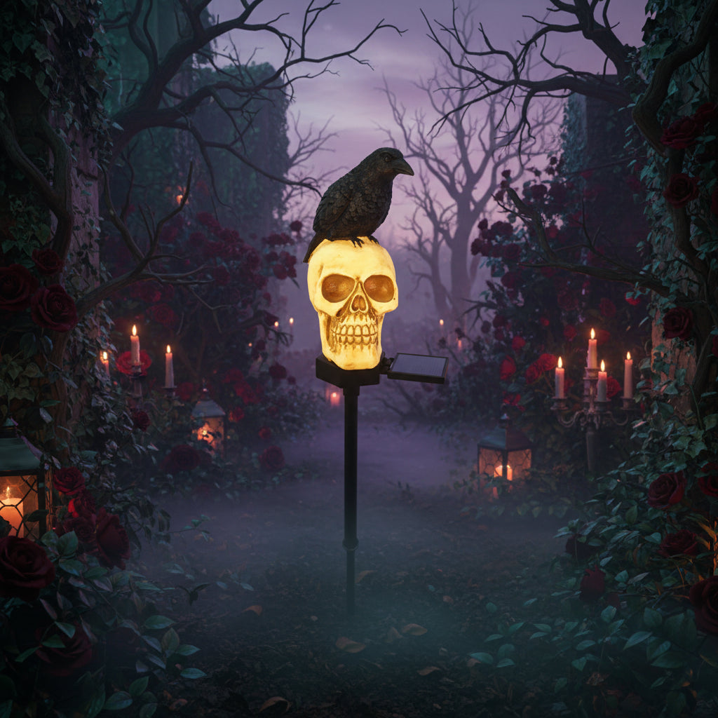 Witch’s Crow & Skull Solar Light - Sorceress Sanctuary Skull Crow - Looking Left-Skull Crow-Looking Ahead