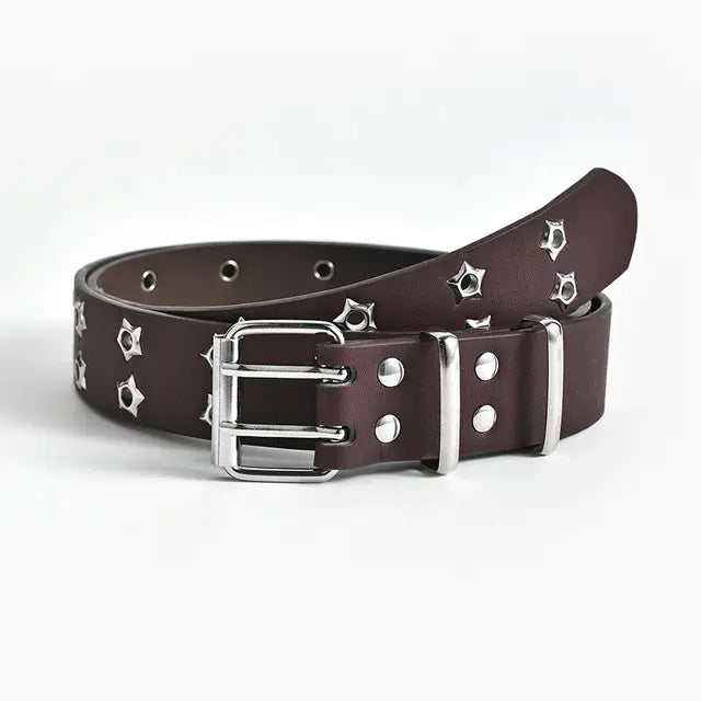 Brown leather belt with silver studs and buckle on a white background