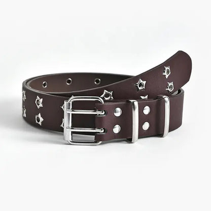 Brown leather belt with silver studs and buckle on a white background