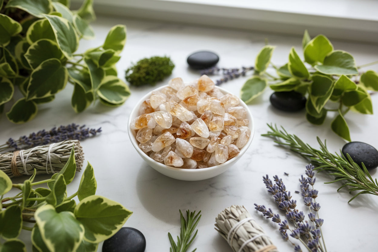 Close-up of amber-colored stones on a white background