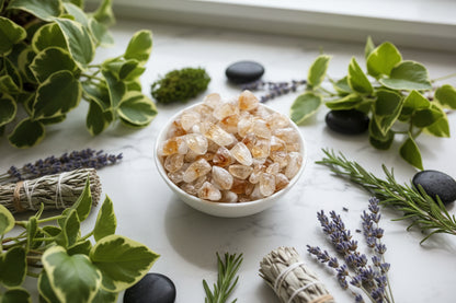 Close-up of amber-colored stones on a white background