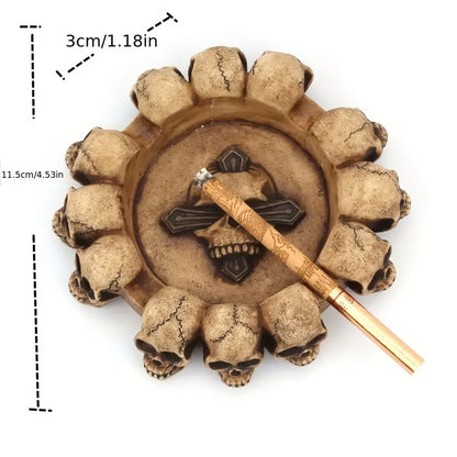 Decorative ashtray with skull design and dimensions indicated