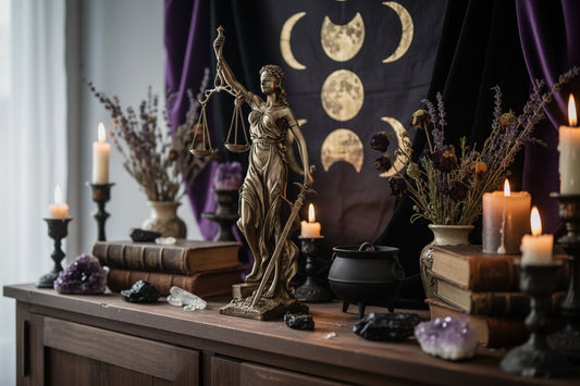 Statue of Lady Justice holding scales and a sword on a gray background