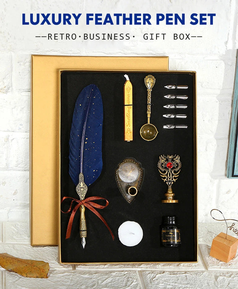 Luxury feather pen set in a decorative box with a white brick wall background