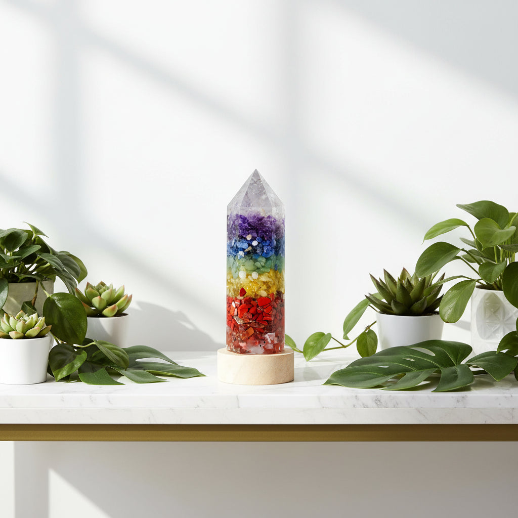 Crystal tower with colorful stones on a white background