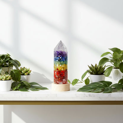 Crystal tower with colorful stones on a white background