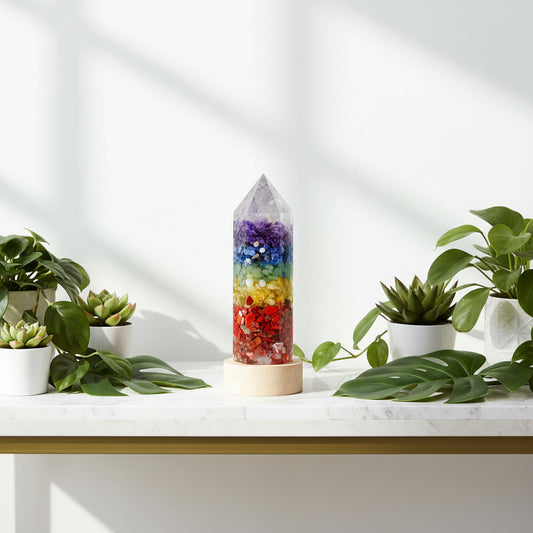 Crystal tower with colorful stones on a white background