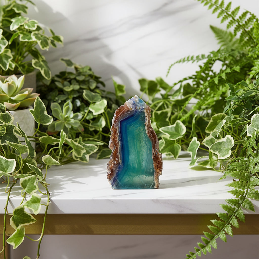 Hand holding a colorful crystal with measurement text on a white background