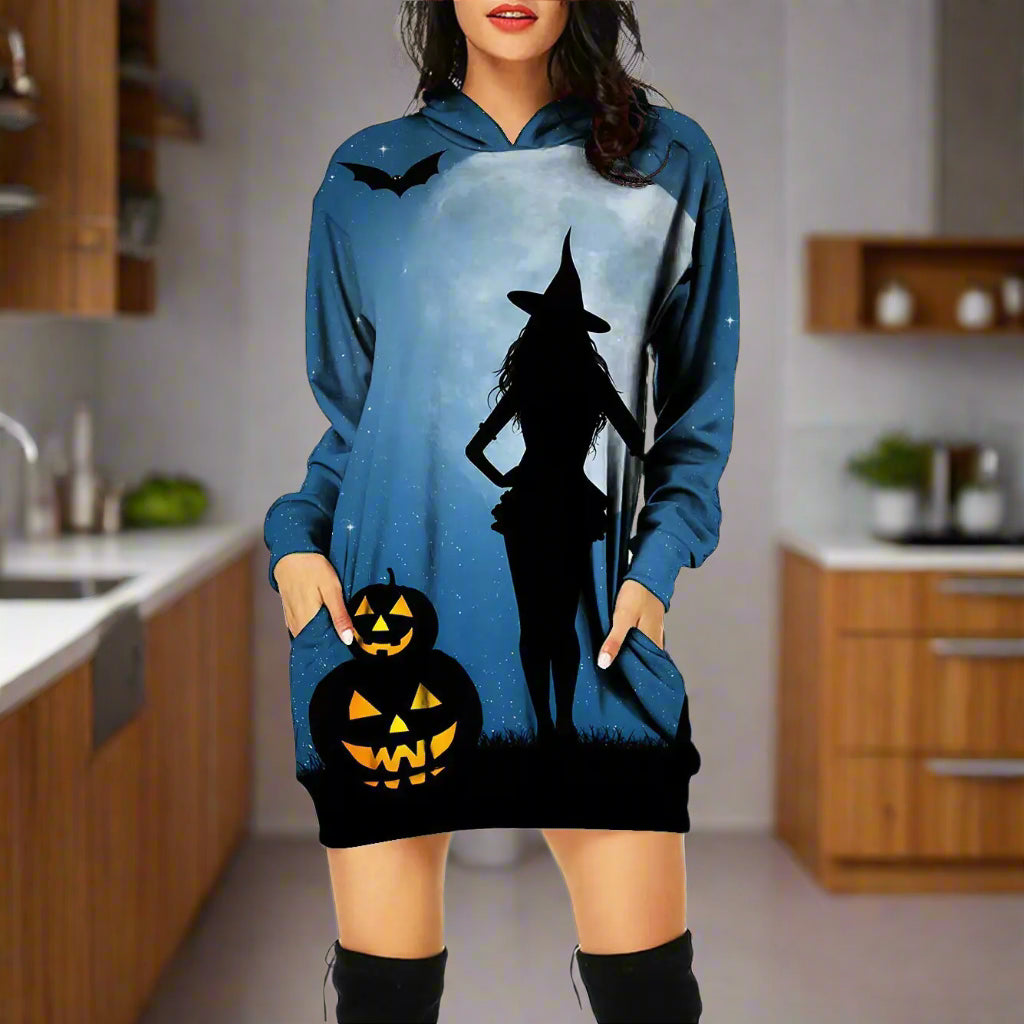 Blue hoodie dress with witch and pumpkin design on a white background