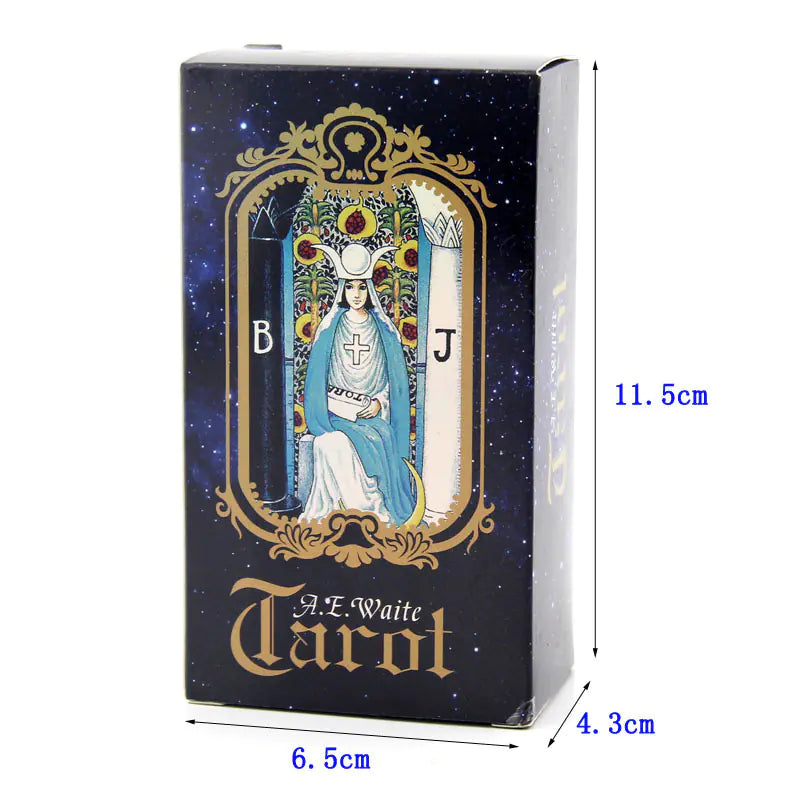 Tarot card box with decorative design and measurements on a white background
