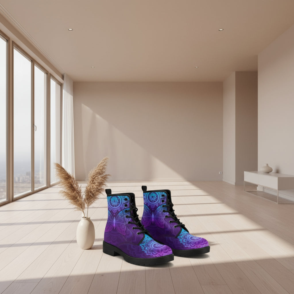 Purple butterfly-patterned boots held by a hand with a white box in the background