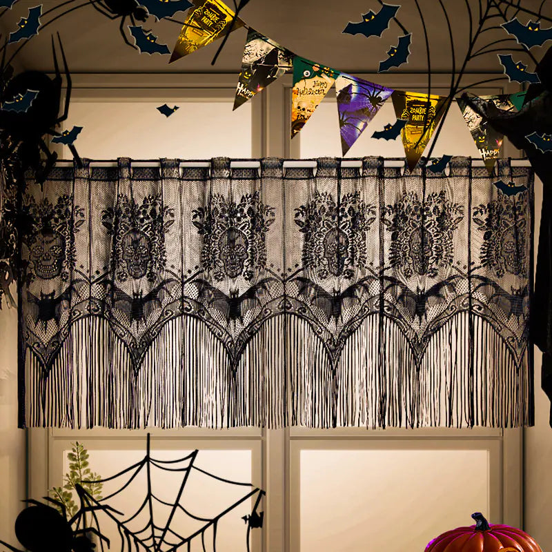 Halloween-themed window valance with decorative elements on a window.