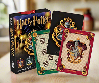 Harry Potter playing cards with Hogwarts houses on a white background