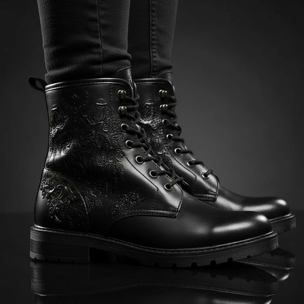 Gray boots with black and white tribal design worn by a person on a white background