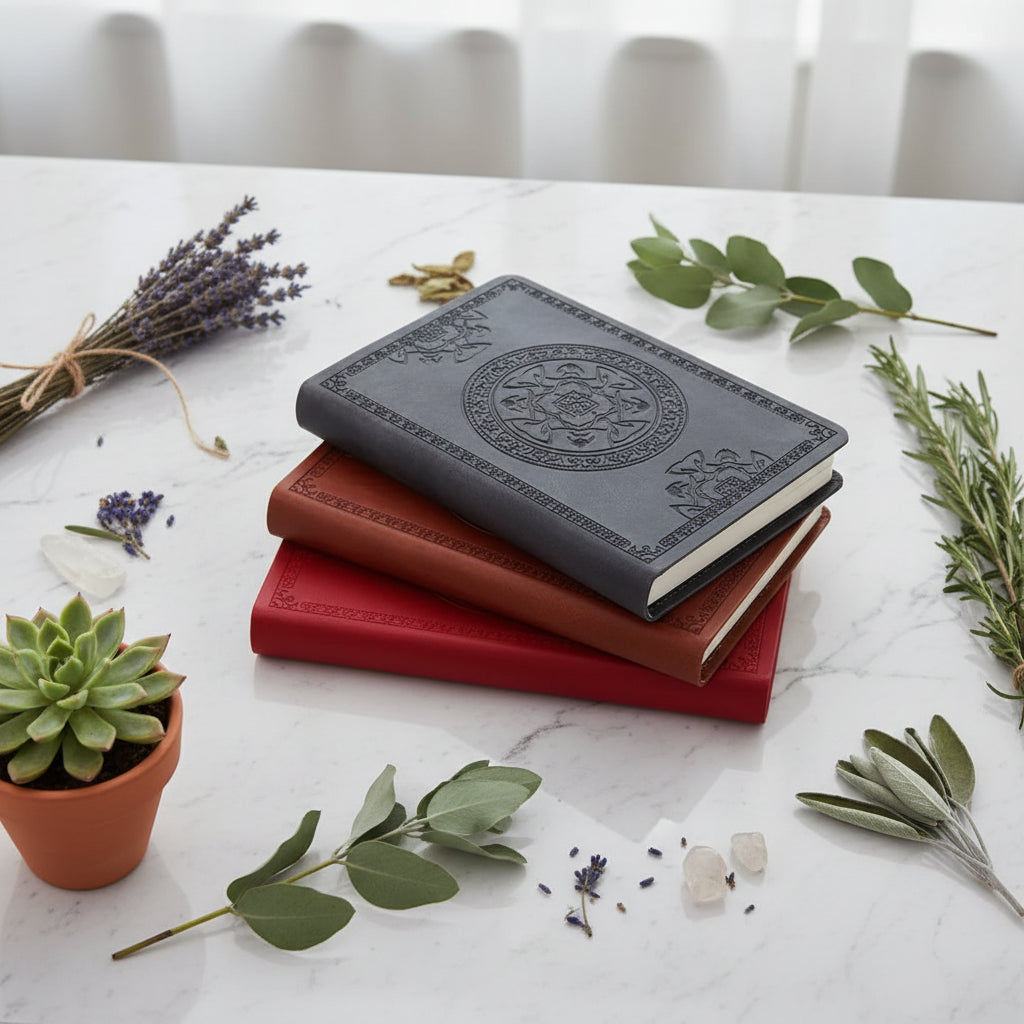 Stack of leather-bound books with embossed designs, held by a hand against a dark background.
