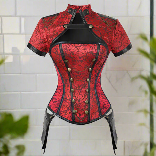 Red and black corset with intricate patterns on a white background