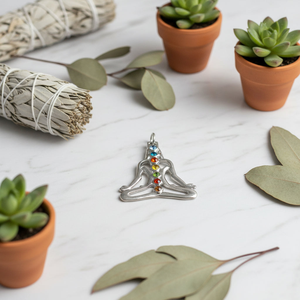 Silver yoga pendant with colorful stones on a white background