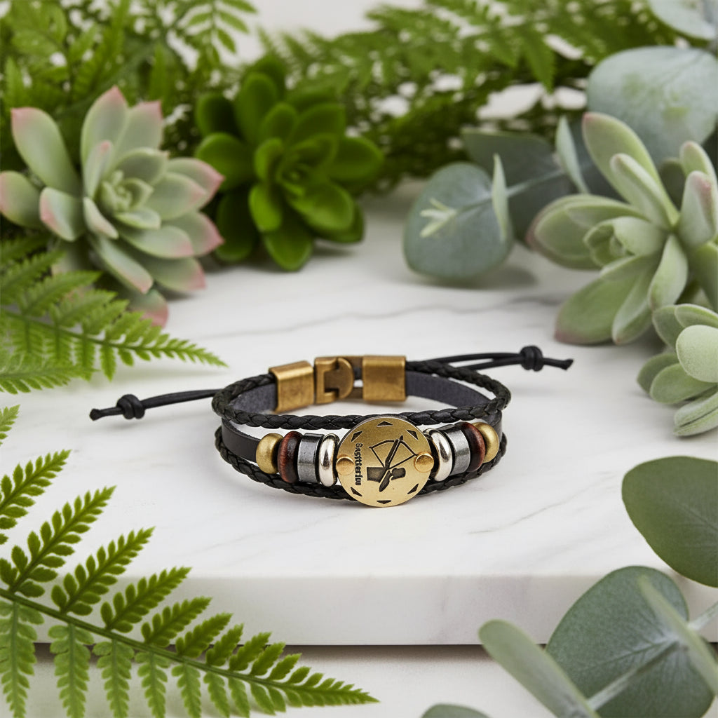 Bracelet with brown leather strap and gold and silver beads on a white background