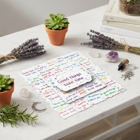 Motivational stickers with phrases like 'Good things take time' on a white background