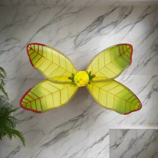 Yellow fairy wings with red edges on a white background