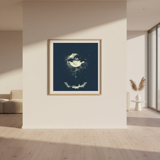 Artistic depiction of a smiley face formed by clouds and moon in a night sky.