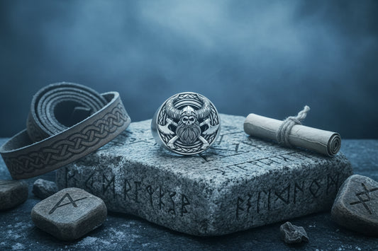 Silver ring with a skull and horns design on a black background