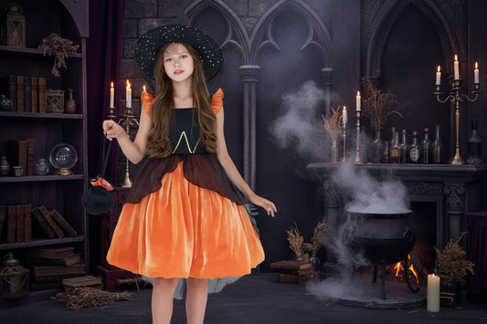 Kids Witch Dress - Sorceress Sanctuary Black Orange / 110cm-Black Orange / 120cm-Black Orange / 130cm-Black Orange / 140cm-Black Orange With Bag / 110cm