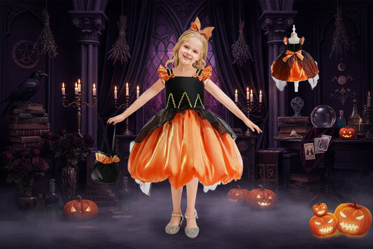 Kids Witch Dress - Sorceress Sanctuary Black Orange / 110cm-Black Orange / 120cm-Black Orange / 130cm-Black Orange / 140cm-Black Orange With Bag / 110cm