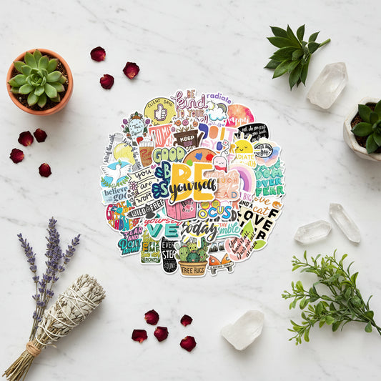 Collection of colorful stickers with motivational phrases and graphics on a white background