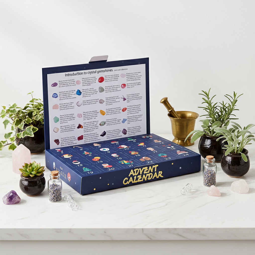 Advent calendar with crystal gemstone information on a white background